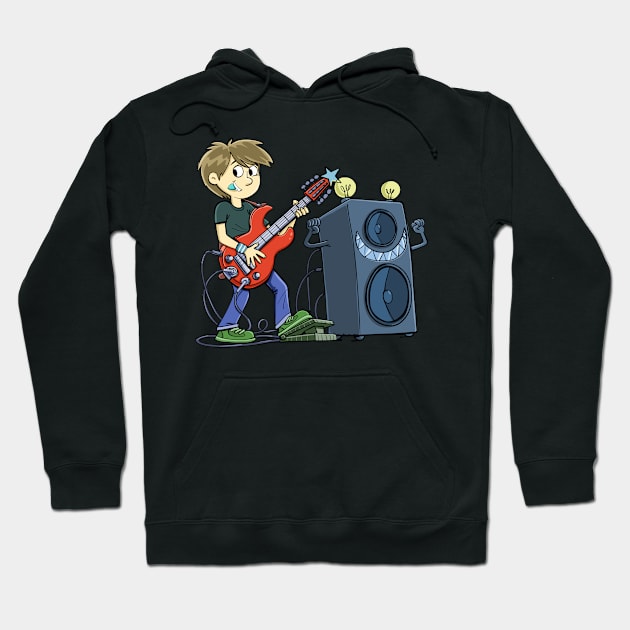 boy plays an electric guitar next to a large and agile music speaker Hoodie by duxpavlic